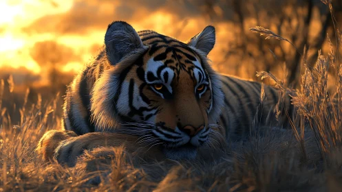 Sunset-drenched tiger drifts between ember light and shadow