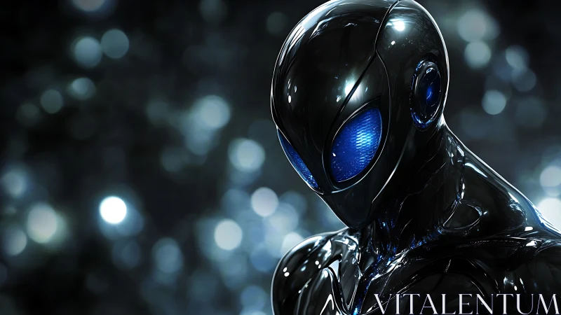 Sleek black alien android glows with vivid electric eyes.