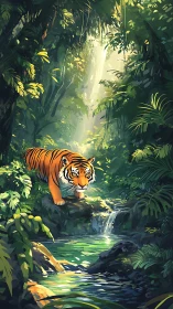 Silent tiger crossing above a sunlit jungle stream.
