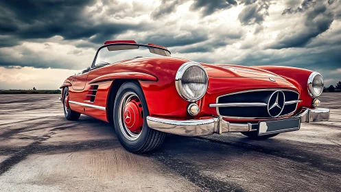 Red classic Mercedes roadster stands on open concrete runway