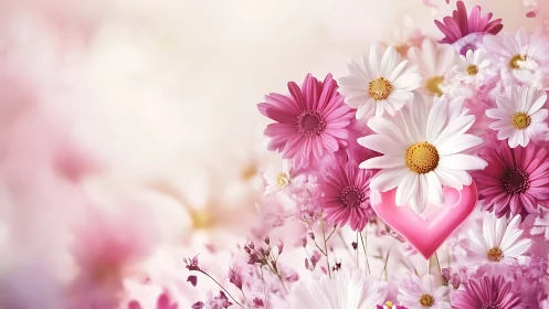 Pink Gerberas and White Daisies with Heart Symbol.