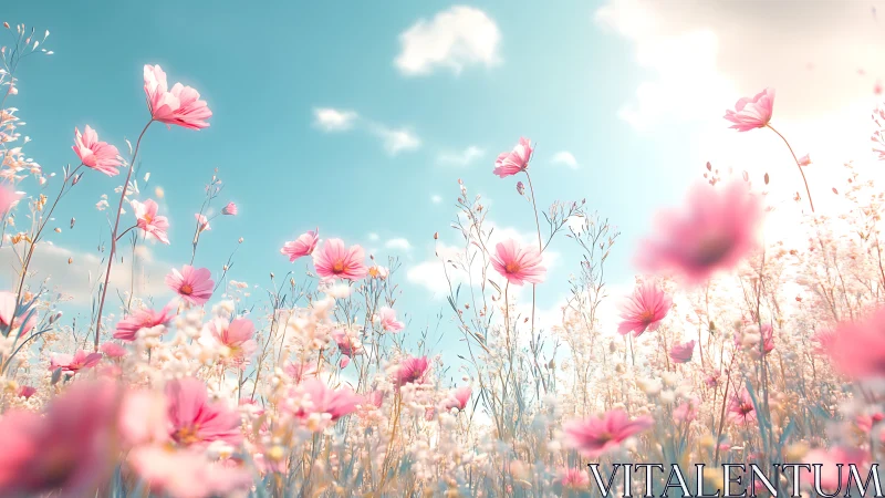 Chromatic Cosmos: Pink Cosmos Flowers Against Cerulean Sky Field.