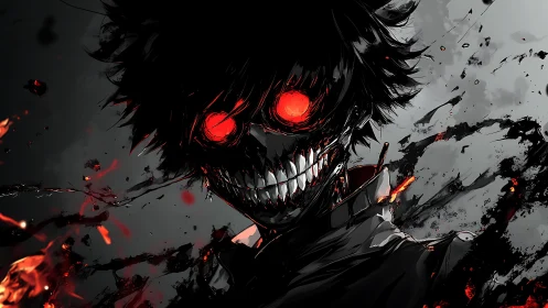 Demonic grin ignites the void in feral crimson midnight blaze.