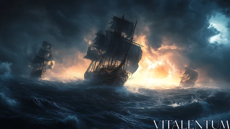 Storm-lashed galleons cutting through burning horizon seas.