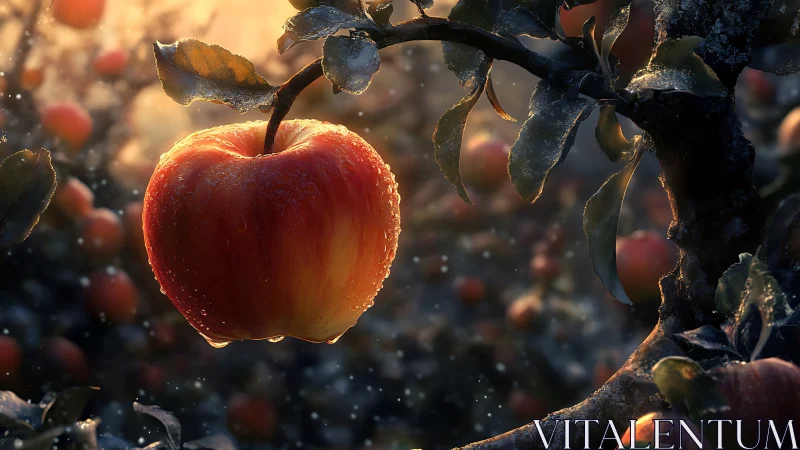 Photorealistic orchard study with dew-laden apple close-up.