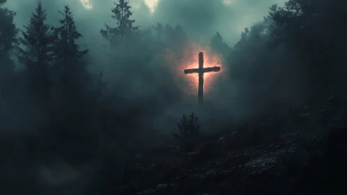 Luminous wooden cross in dense fog within dark forest setting.