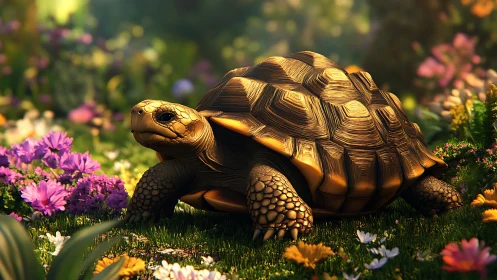 High-detail 3D tortoise model illuminated by warm volumetric garden light