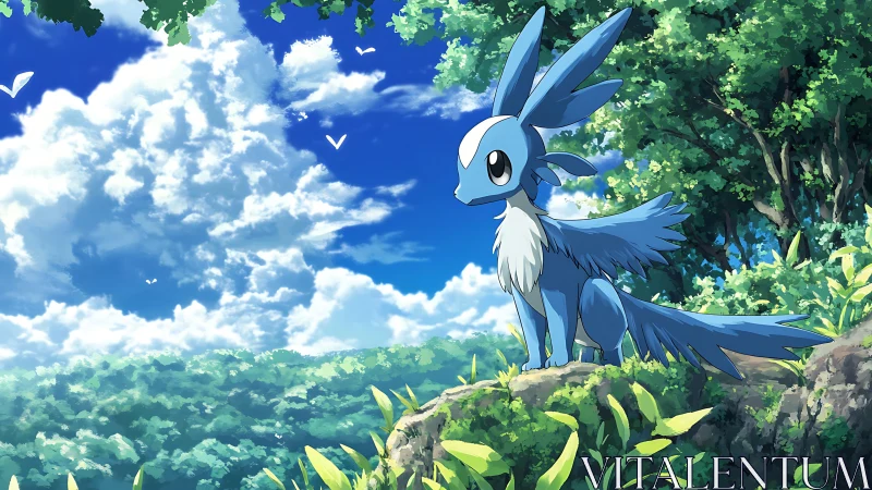 Blue foxlike creature surveys sunlit forest valley