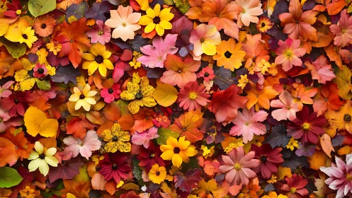 Autumn flowers and foliage arranged in dense flat lay pattern.