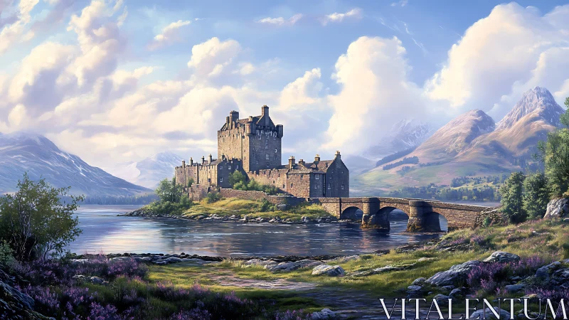 Sunlit stone castle rises over tranquil highland loch