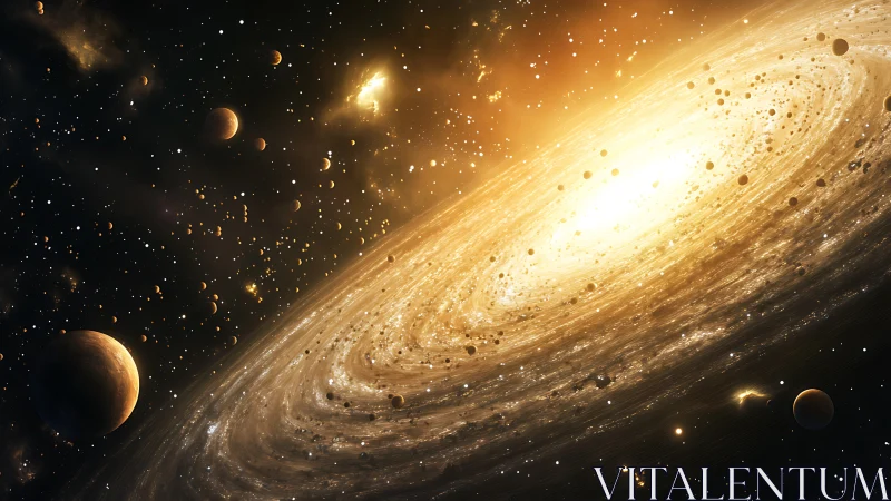 Spiral galaxy with planets rendered in detailed digital art