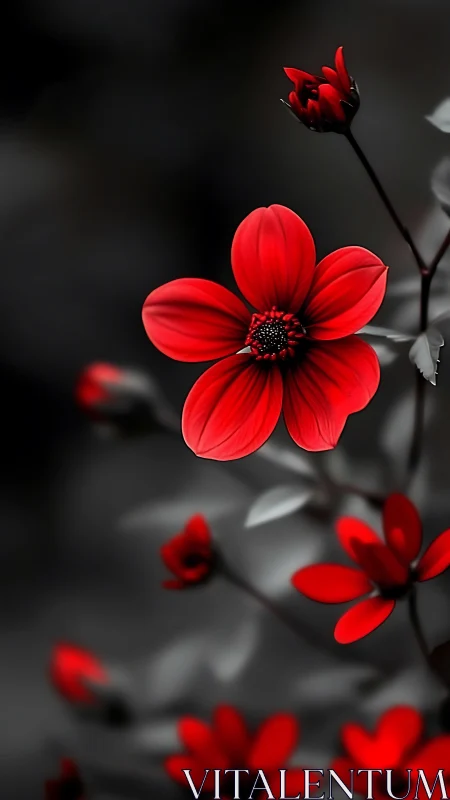 Red Cosmos Flowers with Selective Color Depth of Field Effect