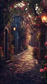 Sunlit rose-covered alleyway glowing with quiet magic.
