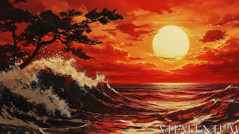 Large sun over red-toned seascape with breaking foreground wave