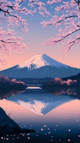 Snow-capped peak framed by cherry blossoms over lake reflection.