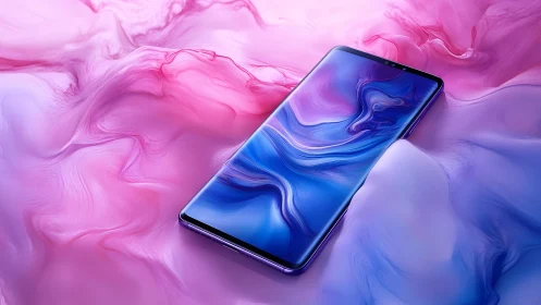 Sleek modern smartphone on abstract pastel pink and blue background.