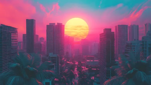 Neon tropic skyline bathing in an oversized candy sun.