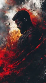 Profile of male warrior amid abstract fire and smoke.