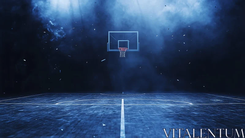 Midnight basketball court waits quietly under smoky blue light