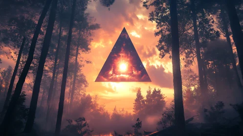 Floating triangle portal glows above misty forest at sunset