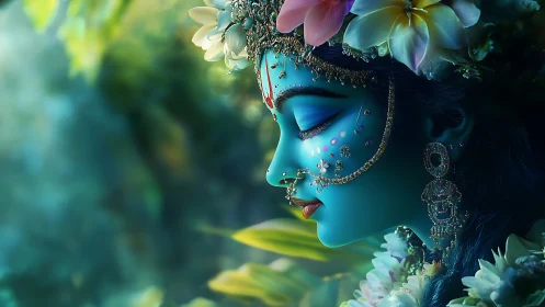 Blue-skinned floral deity rendered with intricate jeweled detailing