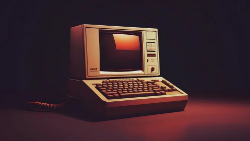 Retro desktop computer rendered in dramatic warm light.