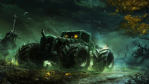 Haunted green tractor charges through eerie midnight fog.
