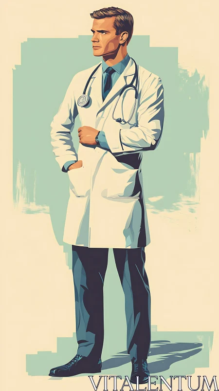 Confident male doctor standing in white coat and stethoscope.