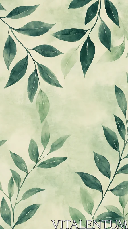 Watercolor botanical leaves on soft green textured ground.