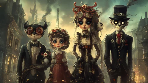Eccentric steampunk doll family poses in smoky street scene.