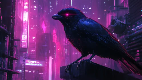 Cybernetic raven studies neon megacity from elevated perch