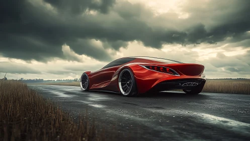Aerodynamic red concept supercar glides along wet rural road