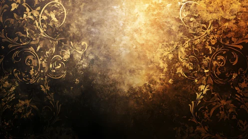 Ornate gold floral scrolls over textured dark background.