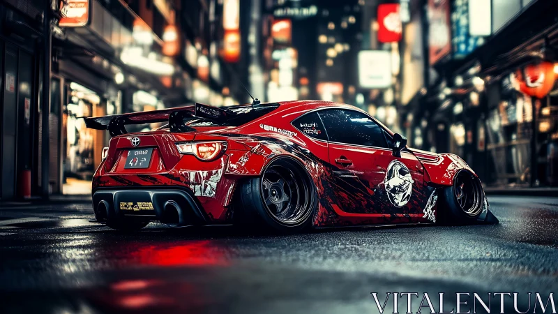 Modified red sports car sits low on wet neon city street