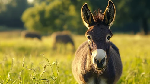Telephoto depth-of-field portrait of alert meadow donkey.