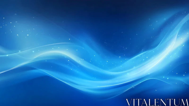 Abstract flowing blue waves with glowing light particles, digital art.