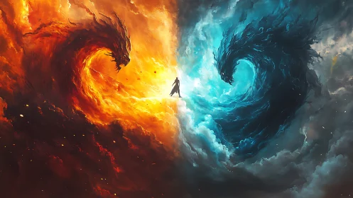 Lone wanderer between blazing fire and swirling ice dragons.