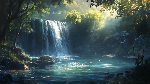 Sunlit forest waterfall pool with mist, foliage and butterflies