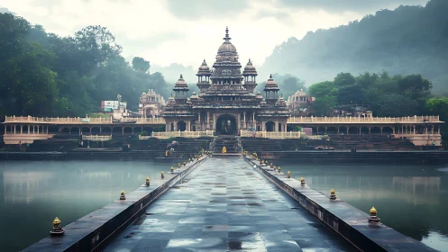 Mist-shrouded riverside temple complex with reflective causeway.