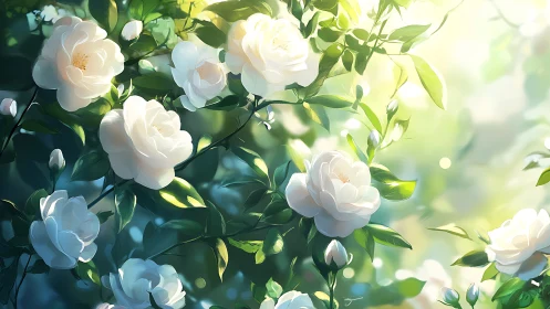 White Garden Roses with Luminous Foliage in Soft Daylight.