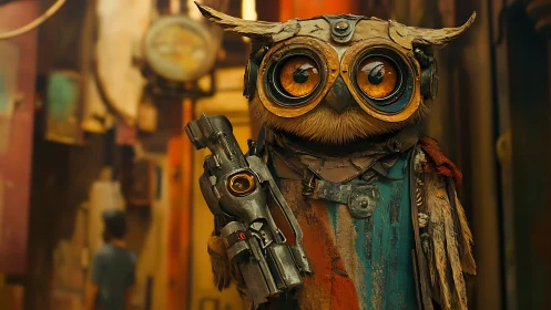 Armored owl sentry with steampunk rifle in alleyway.