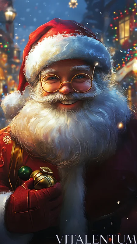 Smiling Santa portrait under glowing Christmas streetlights.