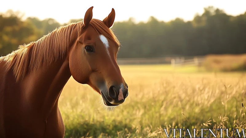 Chestnut horse in sunlit pasture with soft background depth.