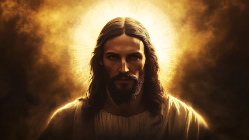 Digital portrait of haloed robed man in warm light.