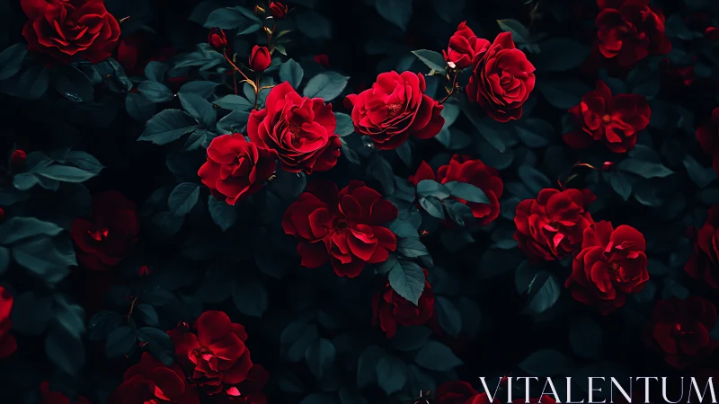 Lush Red Roses Bloom in Moody Garden Light