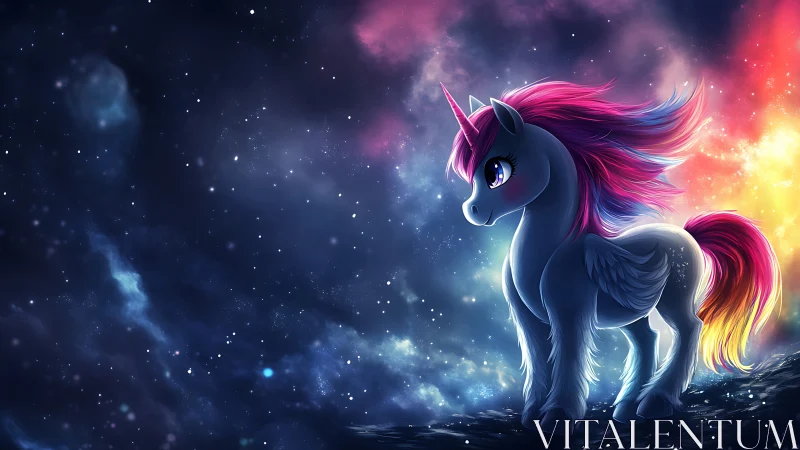 Bioluminescent winged unicorn foal under chromatic nebula sky