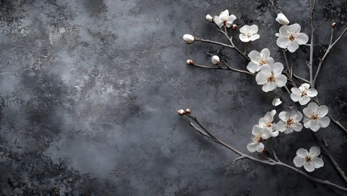 Cherry Blossom Branches Against Weathered Concrete Surface.
