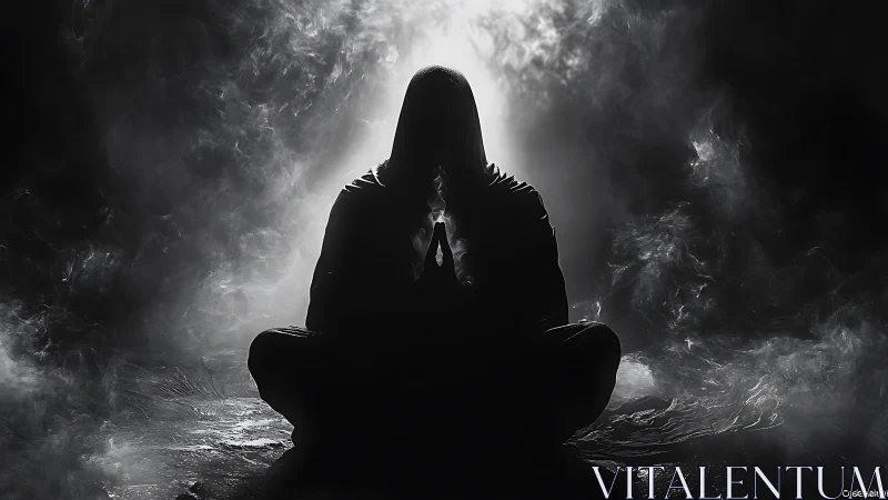 Hooded mystic meditates in smoky backlit monochrome void.