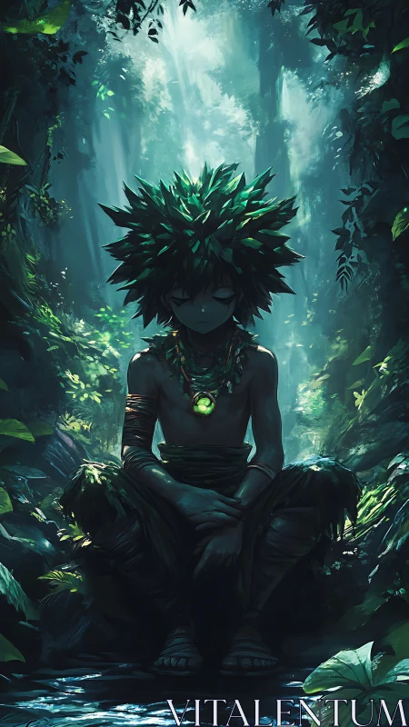 Forest spirit child resting in a sunlit emerald sanctuary.