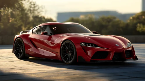 Red Toyota sports coupe parked on sunlit paved plaza.